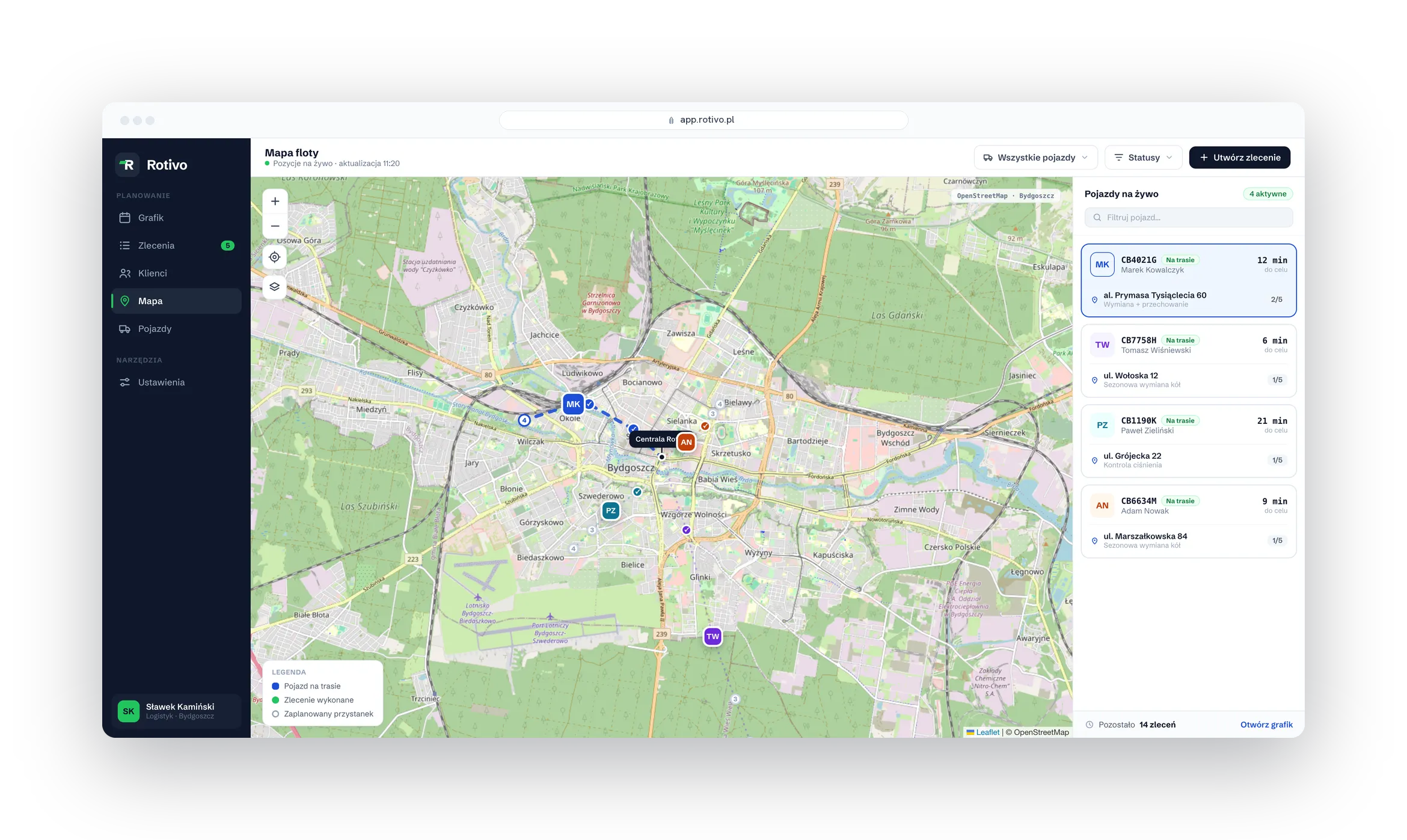Mapa dnia z pozycjami zleceń i pojazdów